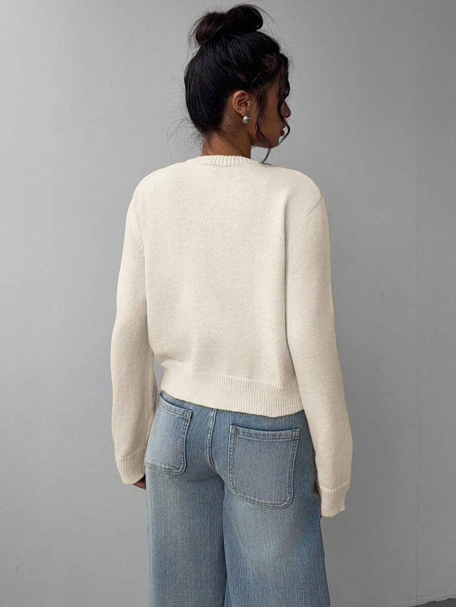 Women's Cropped Round Neck Button-Up Knit Cardigan