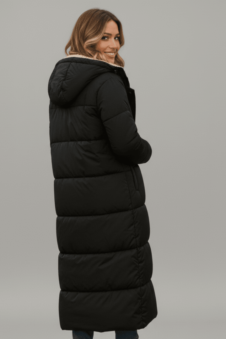 Women's Long Puffer Coat with Faux Shearling Trim