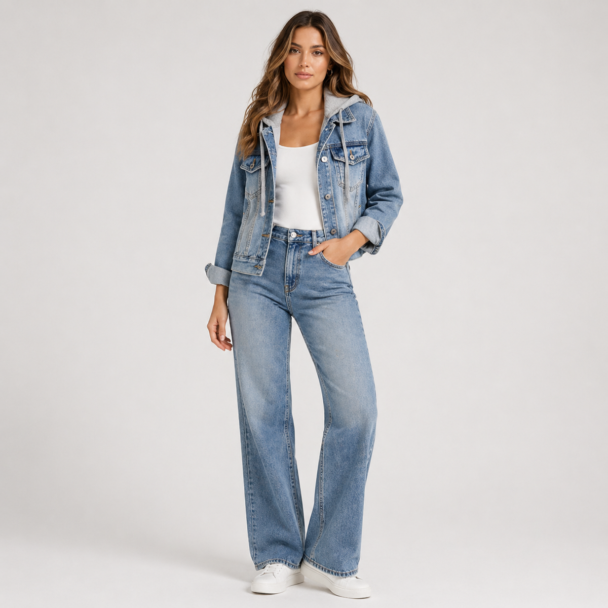 Women's Cropped Denim Jacket with Jersey Hood