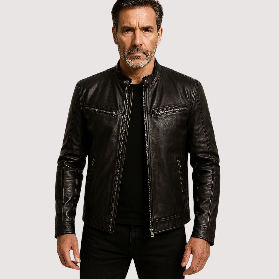 Men's Faux Leather Café Racer Jacket with Zip Pockets