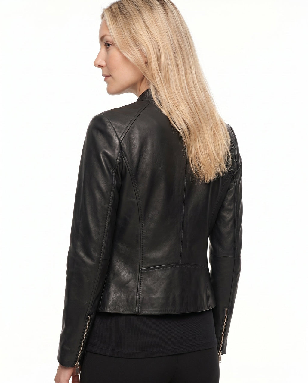Women's Faux Leather Racer Jacket with Band Collar