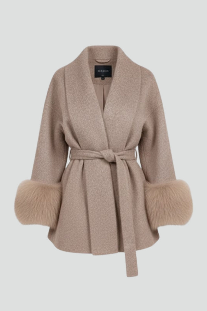 Women's Belted Wrap Coat with Faux Fur Cuffs
