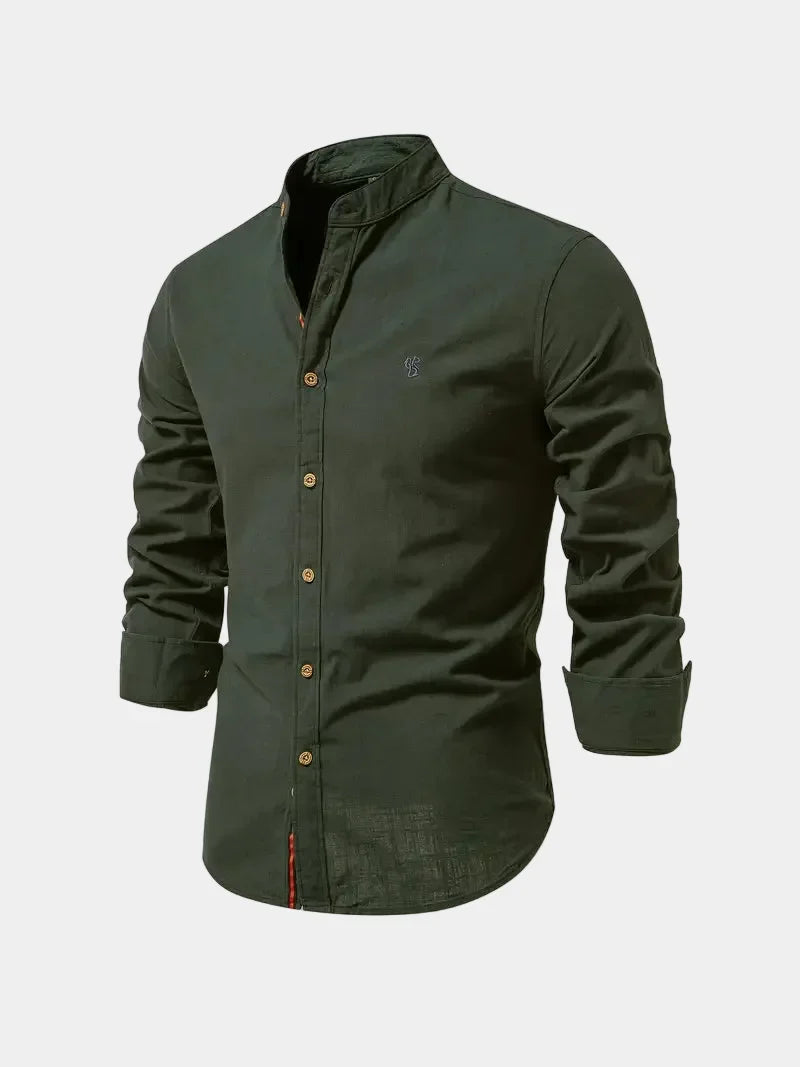 Men's Band Collar Long Sleeve Shirt with Embroidered Detail