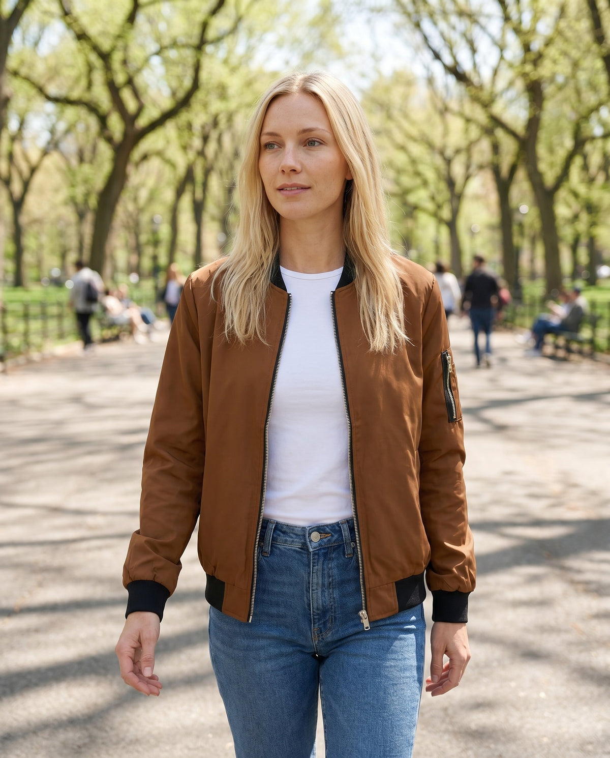 Women's Classic Bomber Jacket with Sleeve Zip Pocket