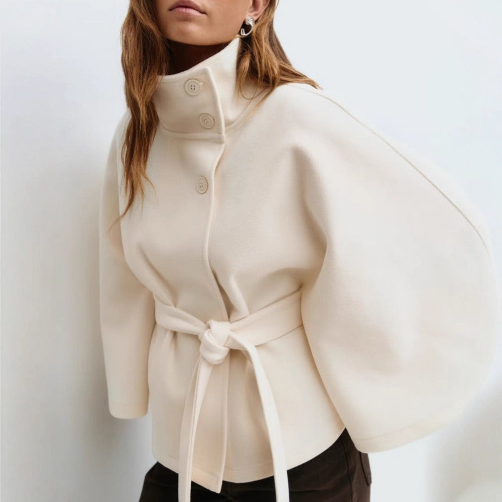Women's Belted Cape Coat with High Funnel Collar