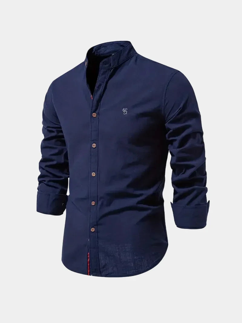 Men's Band Collar Long Sleeve Shirt with Embroidered Detail