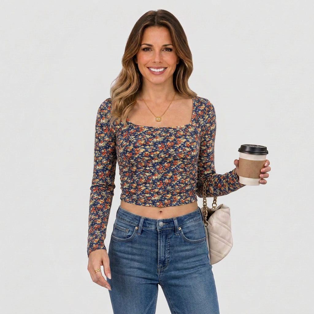 Women Floral Long Sleeve Crop Top