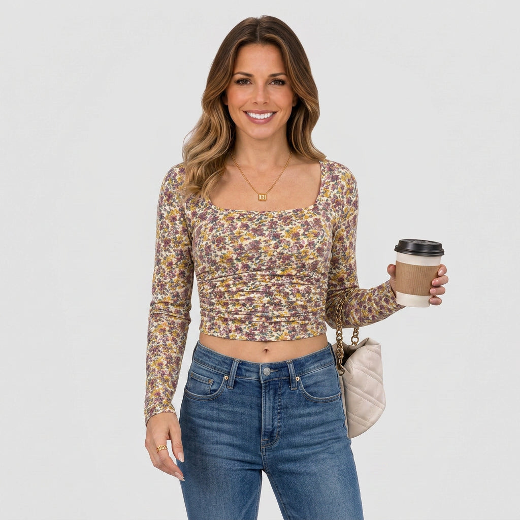 Women Floral Long Sleeve Crop Top