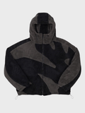 Men's hooded abstract panel zip-up jacket with long sleeves and adjustable hem