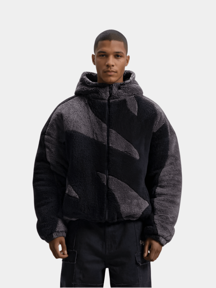 Men's hooded abstract panel zip-up jacket with long sleeves and adjustable hem