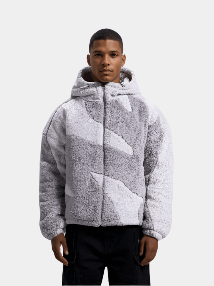 Men's hooded abstract panel zip-up jacket with long sleeves and adjustable hem