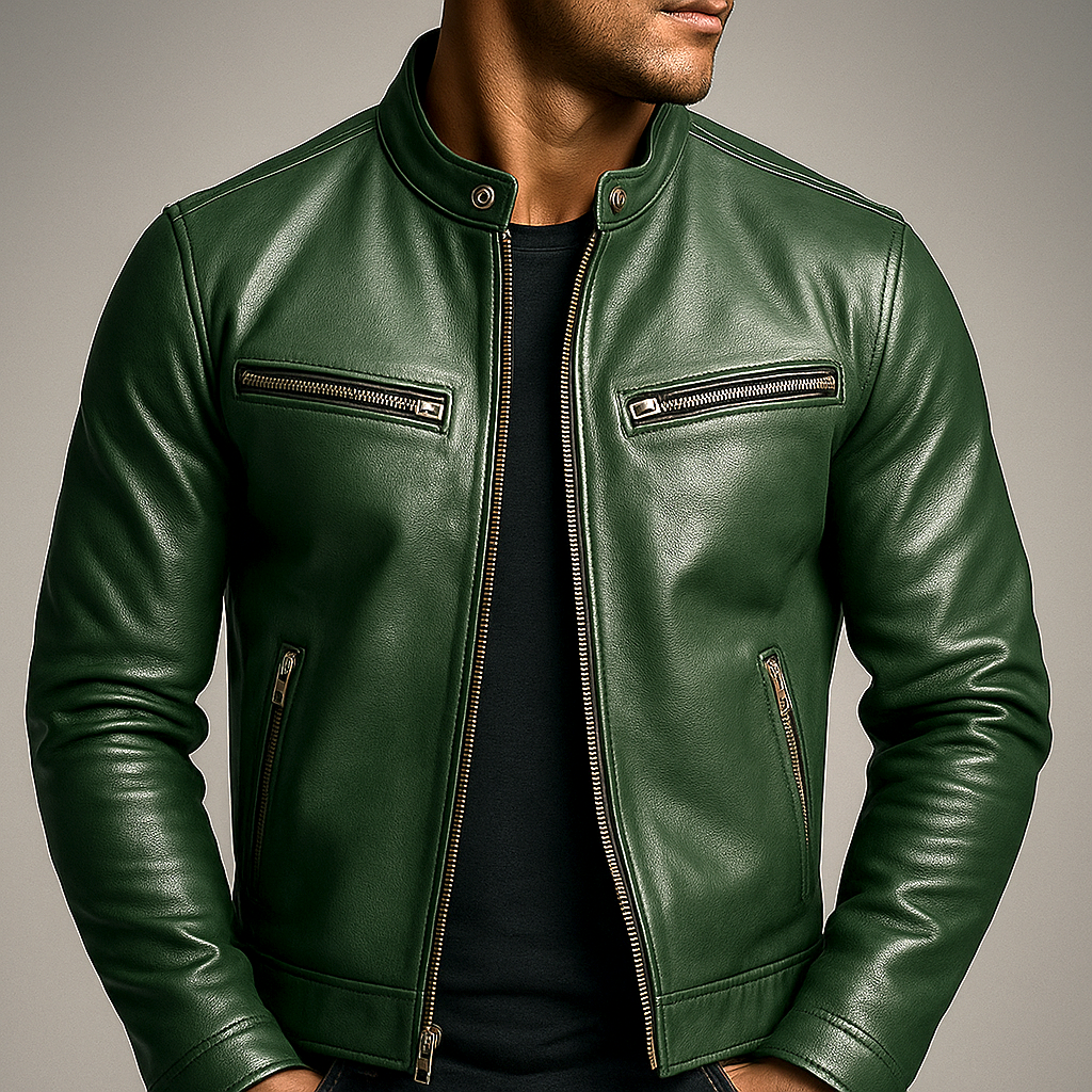 Men’s Classic Faux Leather Moto Jacket with Snap Collar