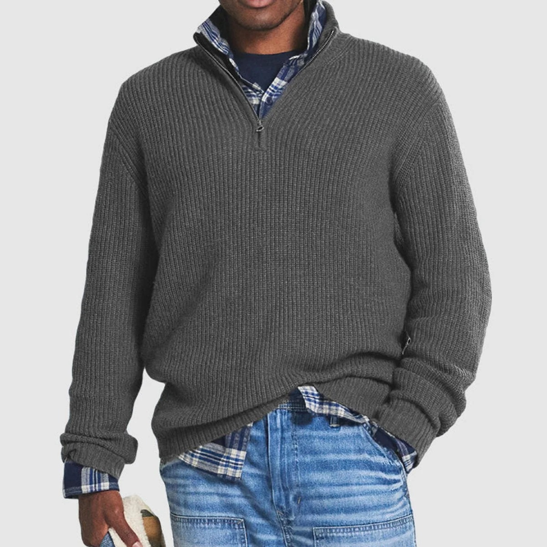 Men's ribbed quarter-zip sweater with mock neck and long sleeves