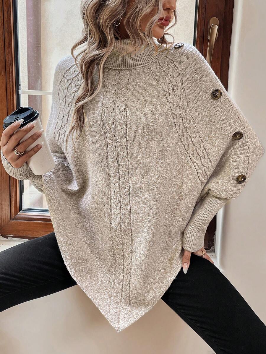 Women's Cable Knit Poncho Sweater with Button Detail