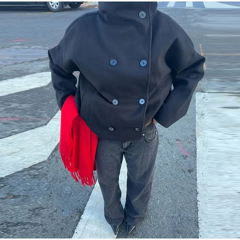 Women's Oversized Funnel Neck Double-Breasted Short Coat