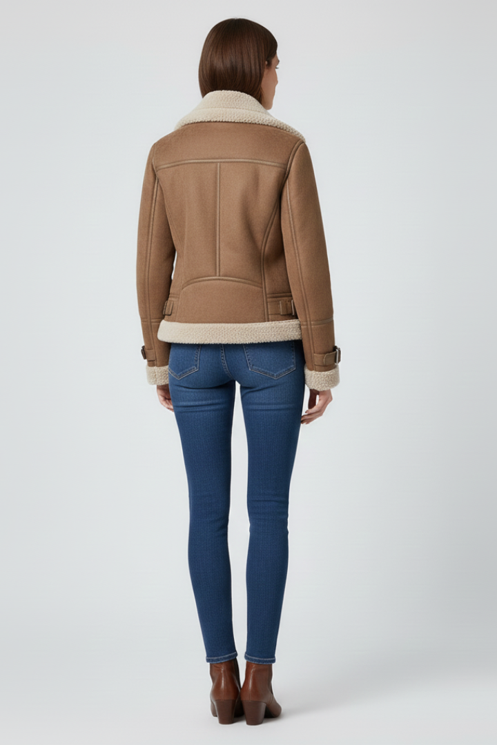 Women's Faux Shearling Aviator Jacket with Buckle Details