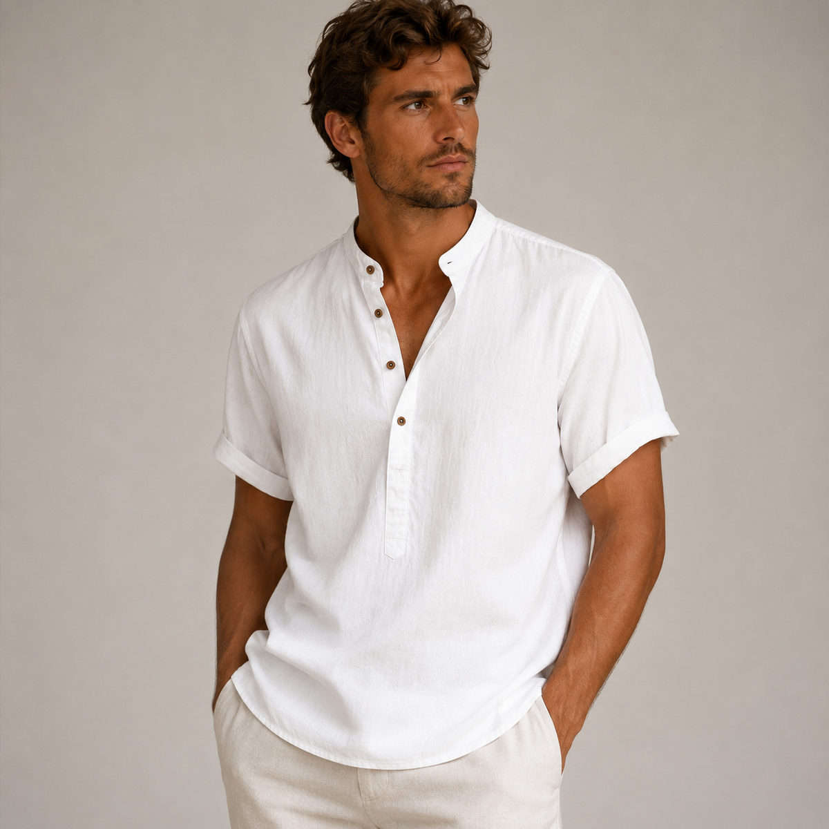 Men's Short Sleeve Band Collar Popover Shirt