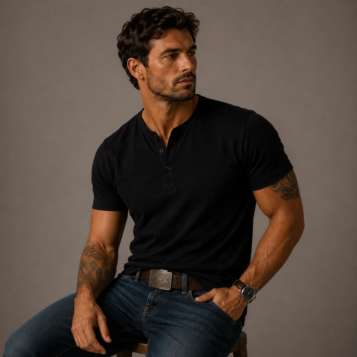 Men's Short Sleeve Henley T-Shirt with Button Placket