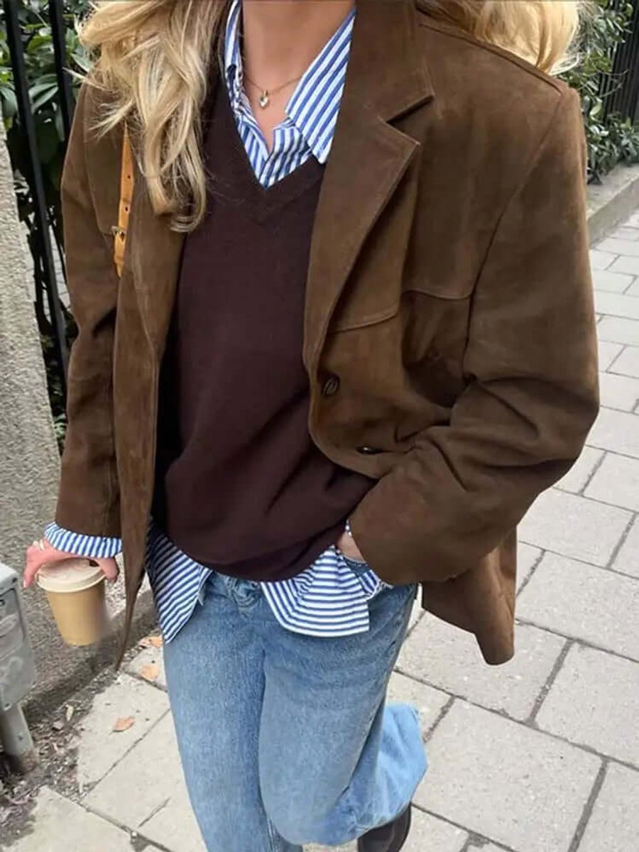 Women's Oversized Suede-Look Blazer Jacket with Notch Lapel