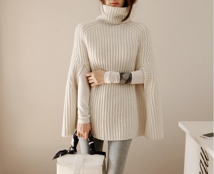 Women’s Chunky Rib Knit Turtleneck Cape Sweater