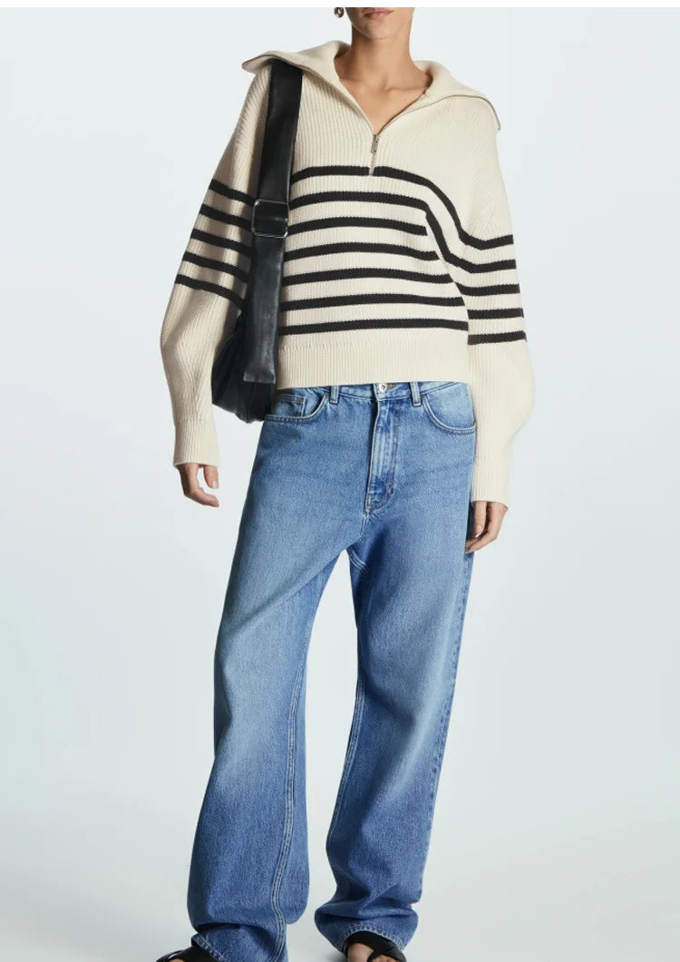 Women's Striped Half-Zip Knit Sweater with Collar