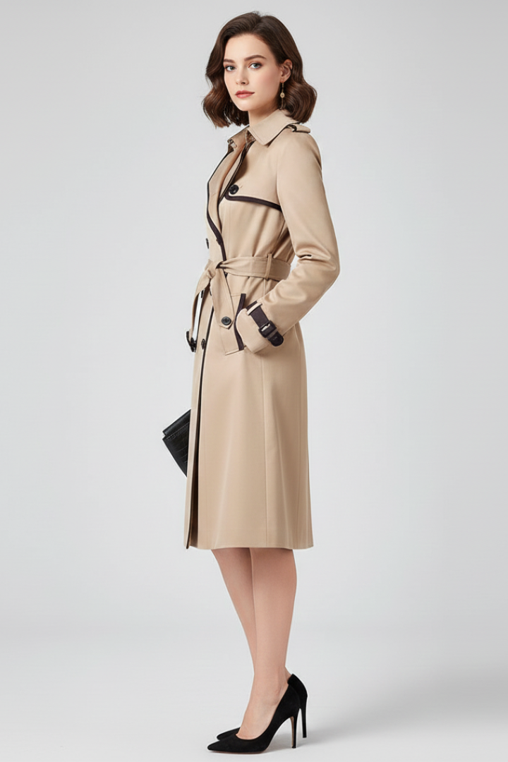 Women's Contrast Trim Double-Breasted Trench Coat