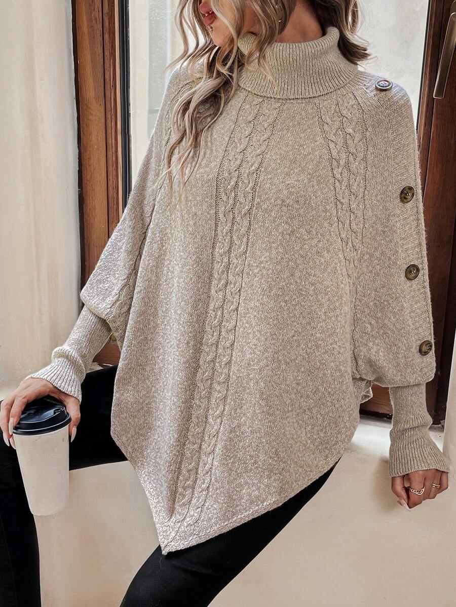 Women's Cable Knit Poncho Sweater with Button Detail
