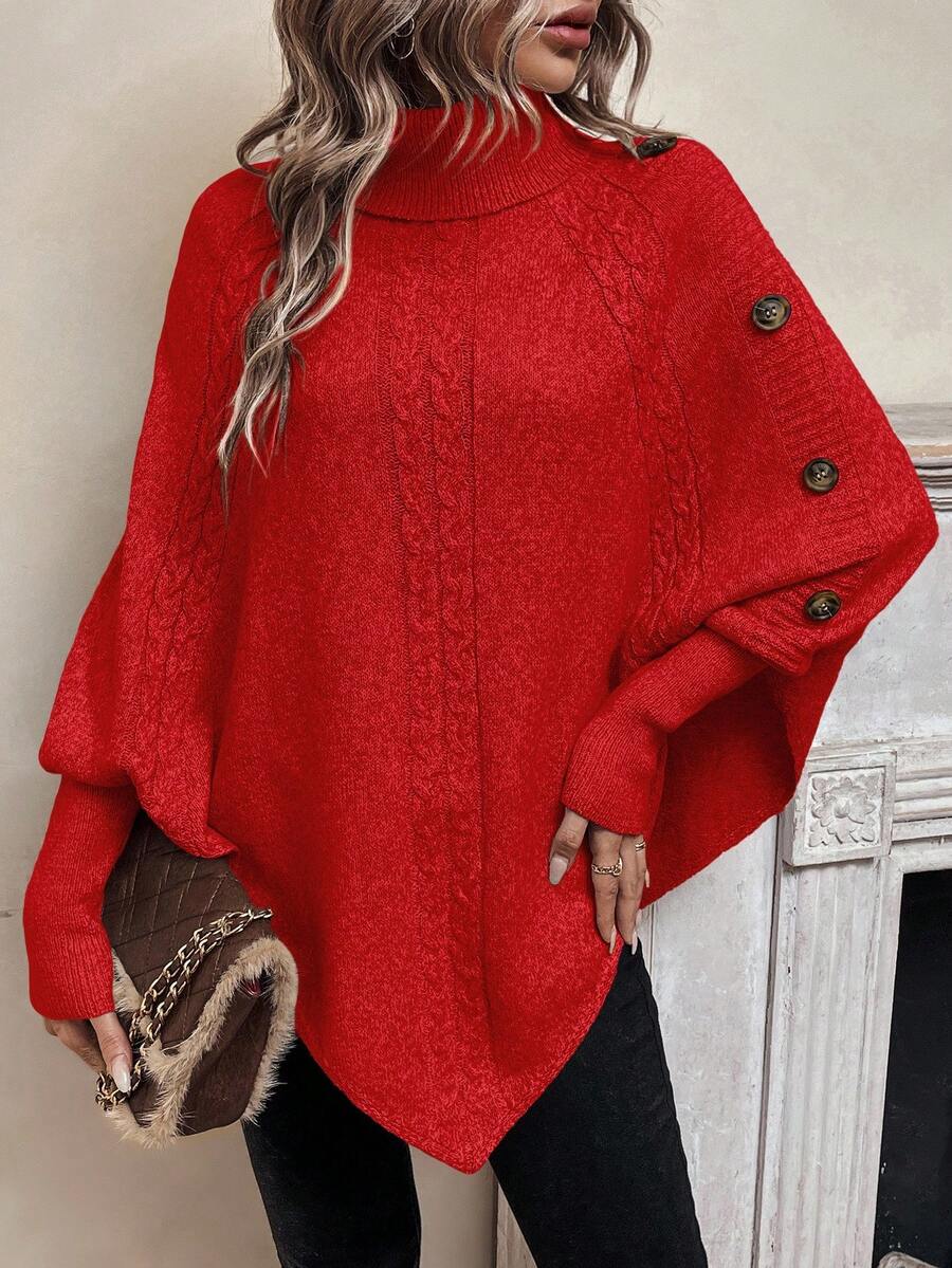 Women's Cable Knit Poncho Sweater with Button Detail