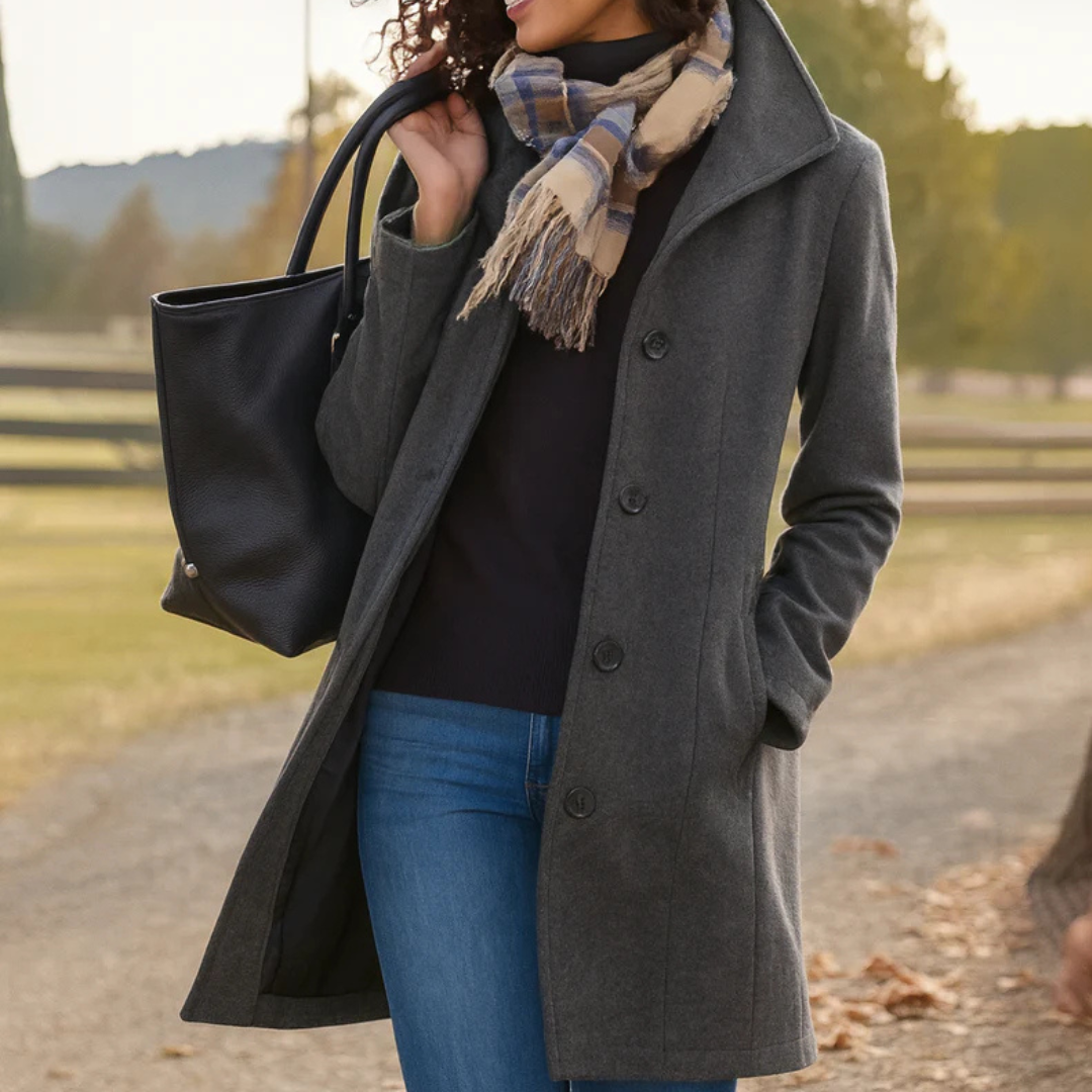 Women's Button-Front Wool-Look Coat with Notch Collar