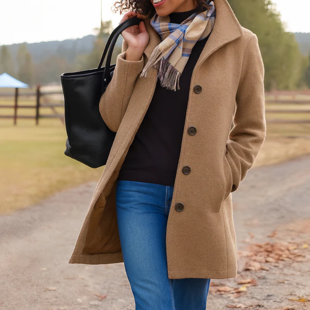 Women's Button-Front Wool-Look Coat with Notch Collar