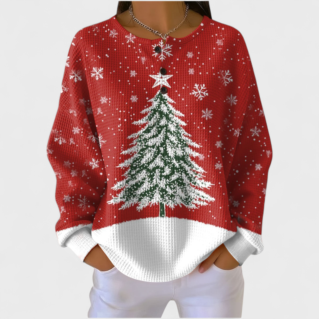 Women's Festive Print Button-Front Waffle Knit Top