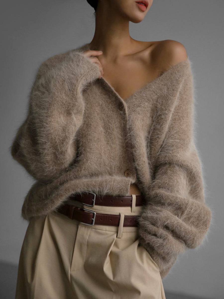 Women’s Oversized Fluffy Knit V-Neck Cardigan