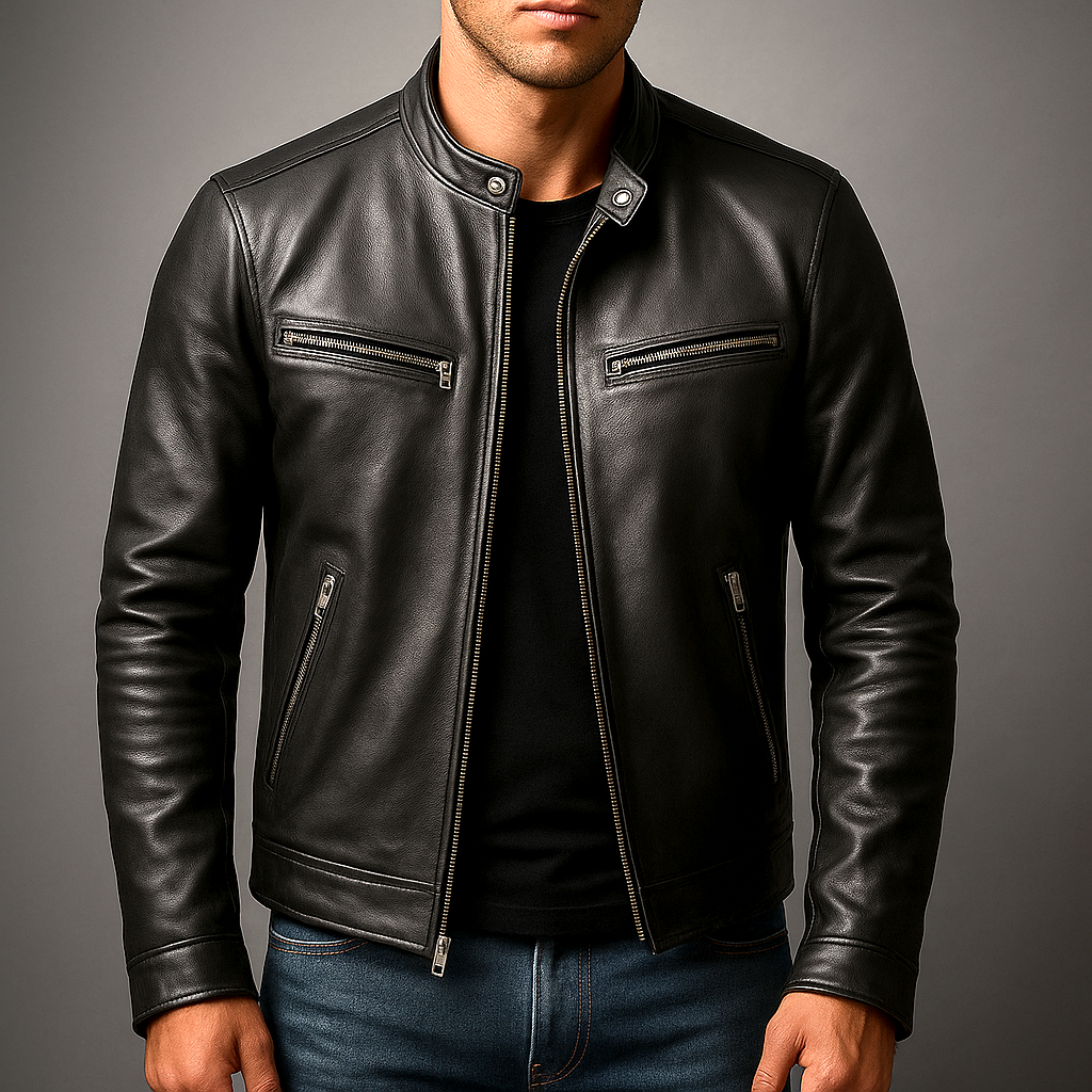 Men’s Classic Faux Leather Moto Jacket with Snap Collar