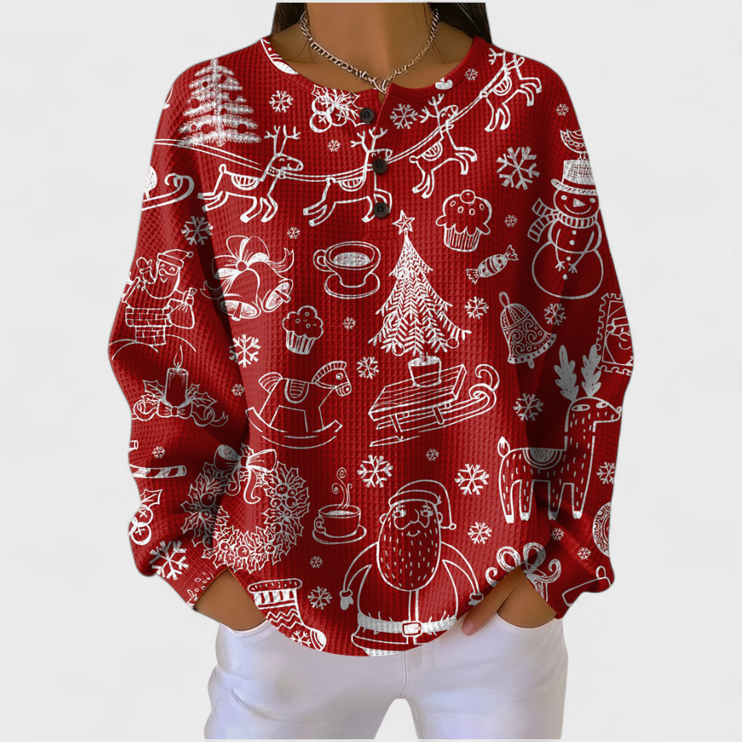 Women's Festive Print Button-Front Waffle Knit Top