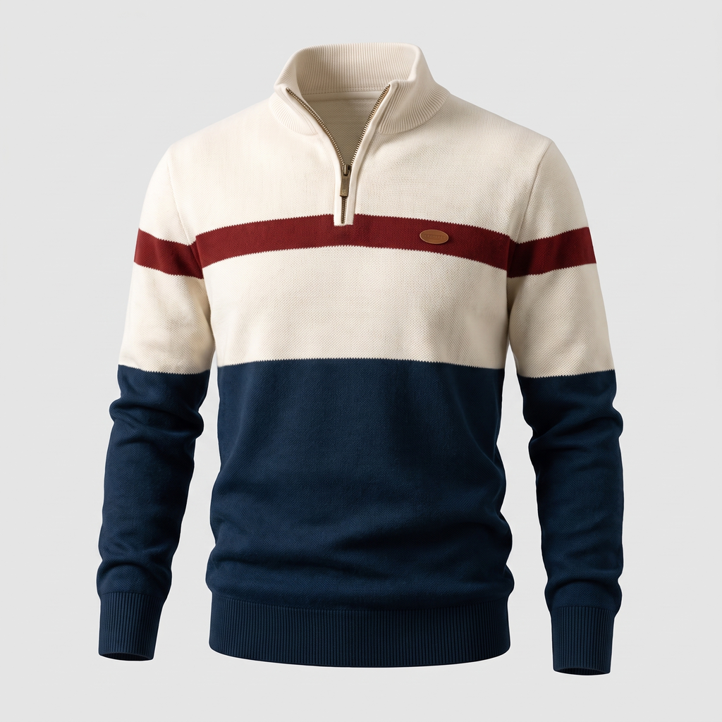 Men’s Colour Block Quarter-Zip Knit Sweater with Stripe Detail