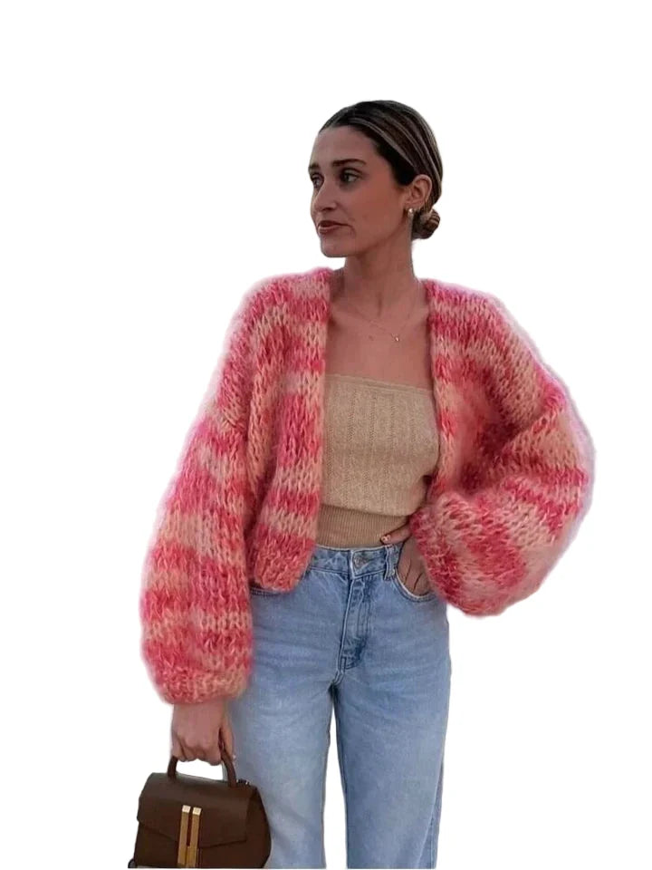 Women's pink and cream striped cropped cardigan with long balloon sleeves