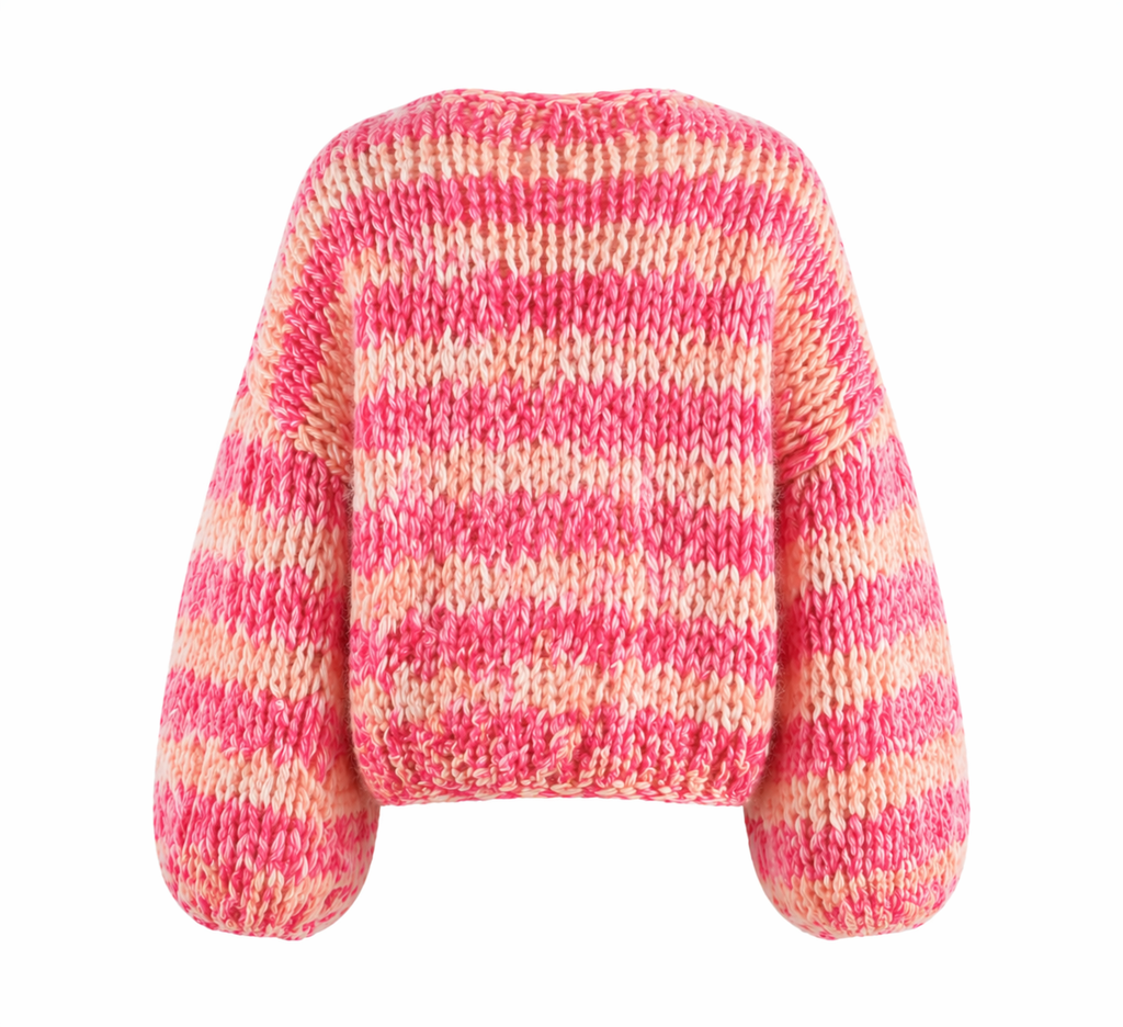 Women's pink and cream striped cropped cardigan with long balloon sleeves