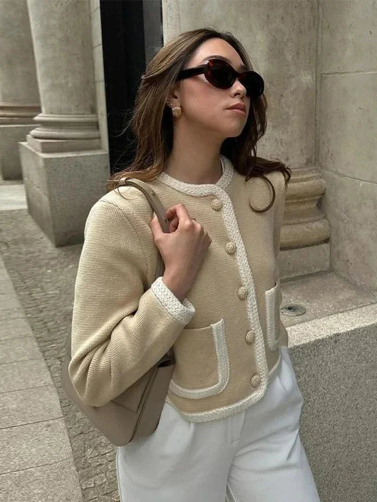 Women's Cropped Tweed-Style Jacket with Contrast Trim
