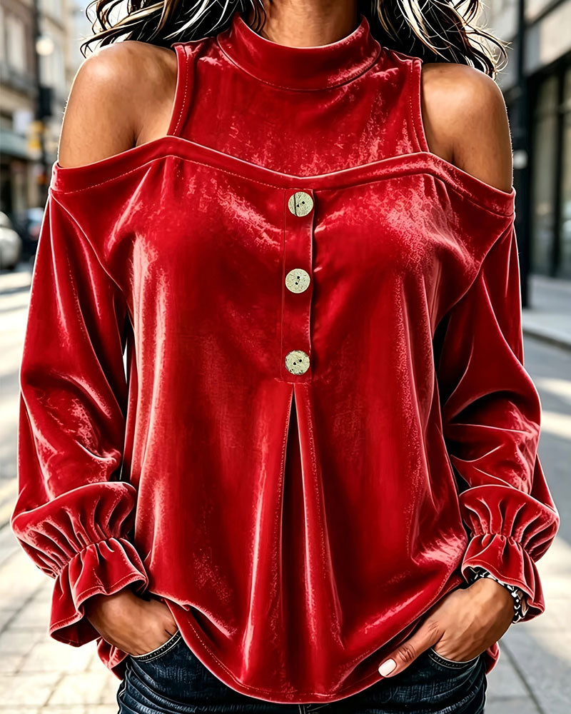 Women’s Velvet Cold Shoulder Mock Neck Blouse