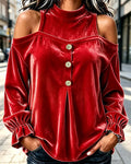 Women’s Velvet Cold Shoulder Mock Neck Blouse