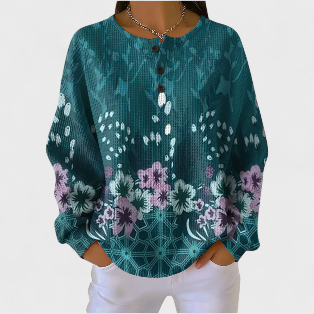 Women's Festive Print Button-Front Waffle Knit Top