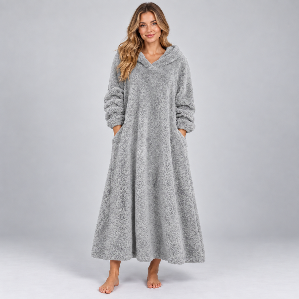 Women's Plush Hooded Maxi Lounge Dress with Pockets