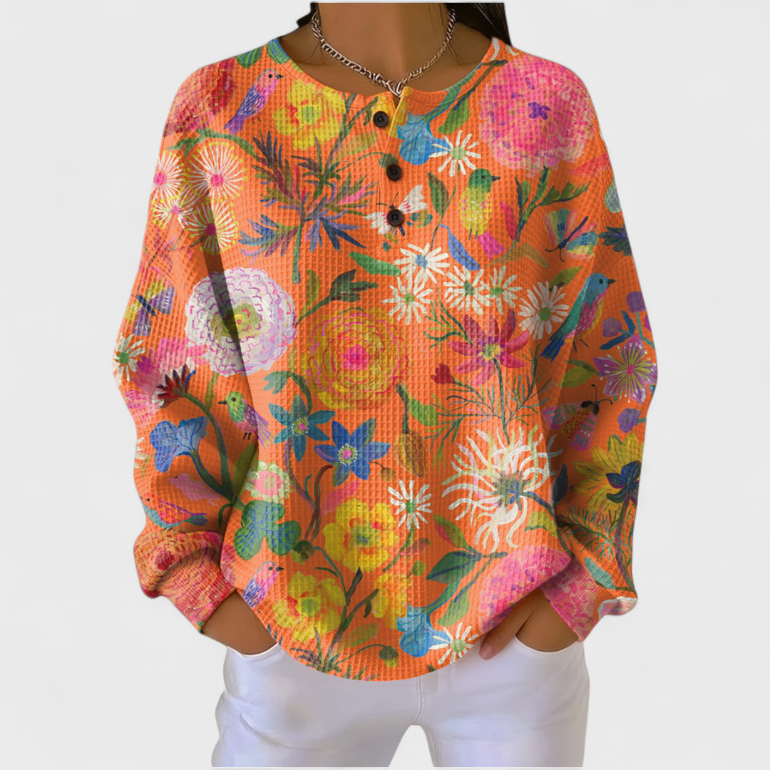 Women's Festive Print Button-Front Waffle Knit Top