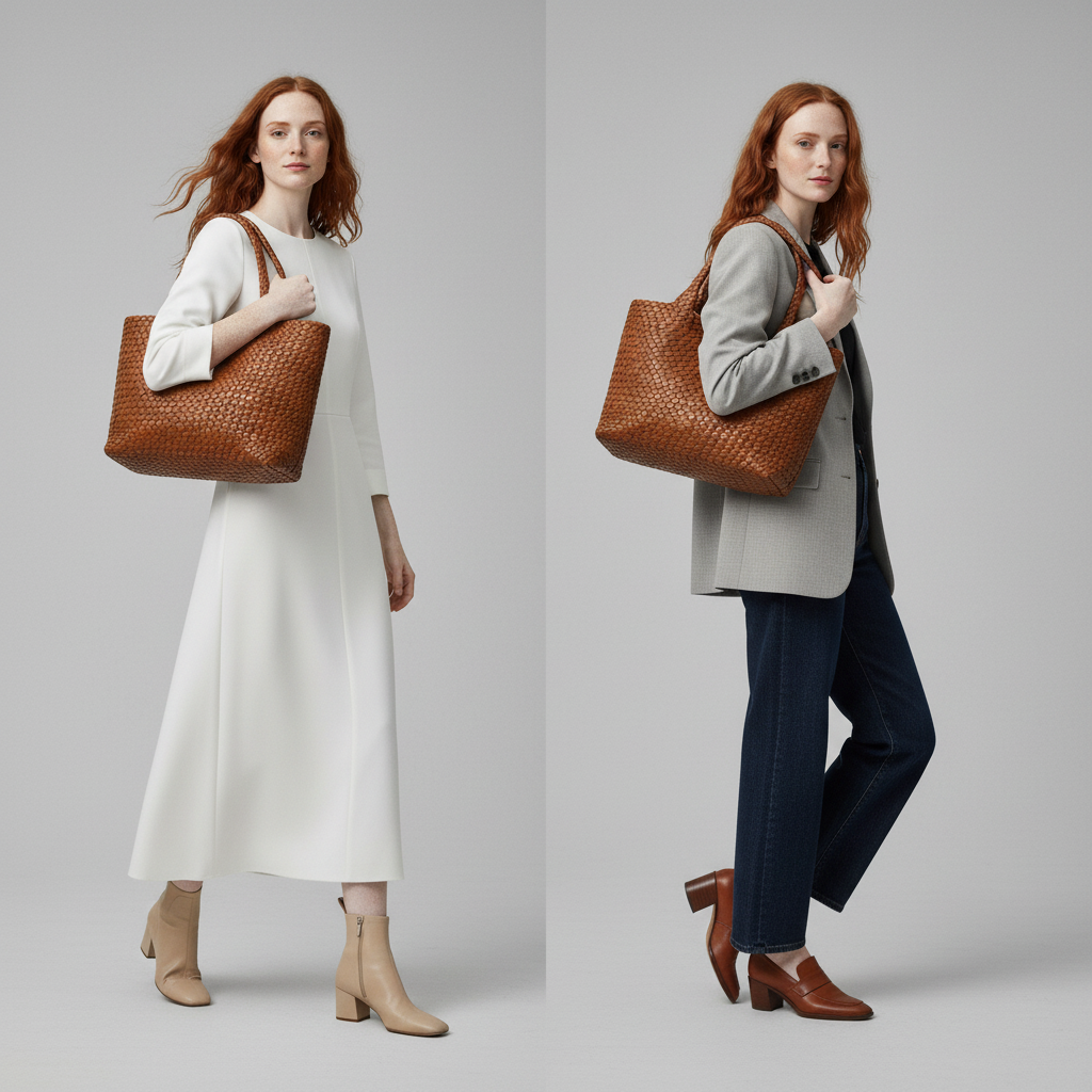 Women’s Woven Faux Leather Tote Bag with Braided Handles