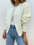 Women's Open-Front Cardigan with Pearl Trim Detail