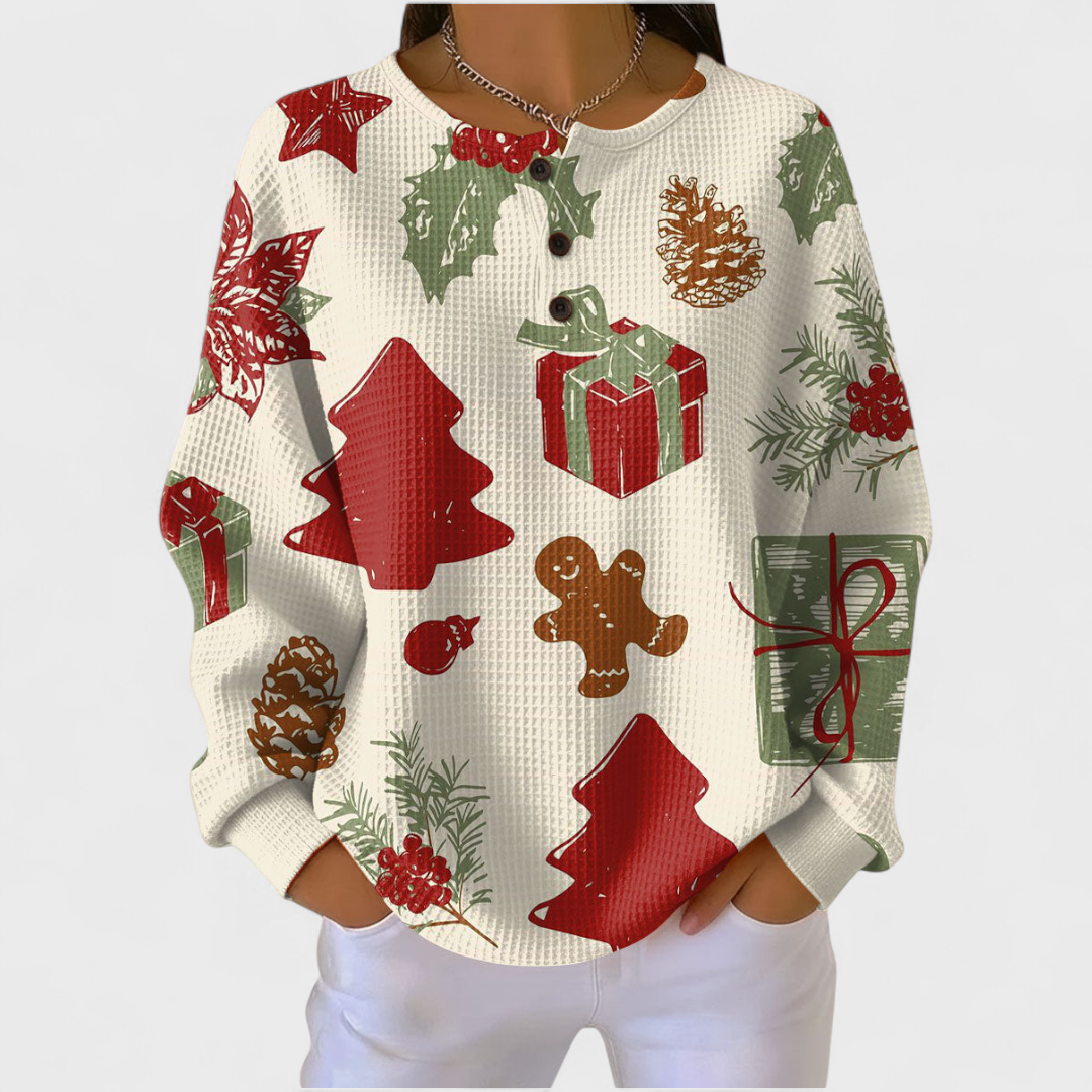Women's Festive Print Button-Front Waffle Knit Top