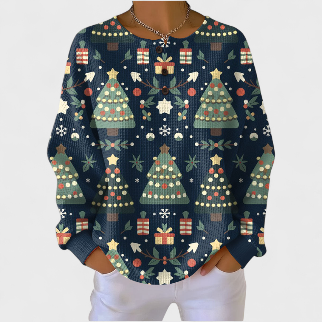 Women's Festive Print Button-Front Waffle Knit Top