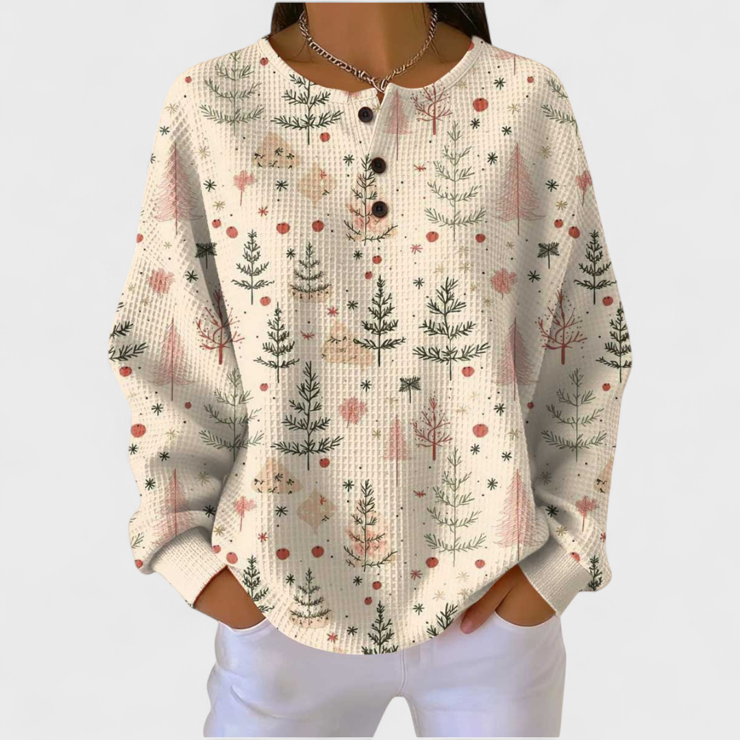 Women's Festive Print Button-Front Waffle Knit Top