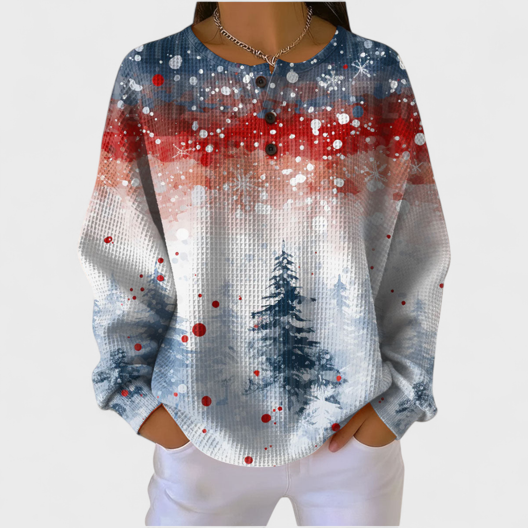 Women's Festive Print Button-Front Waffle Knit Top