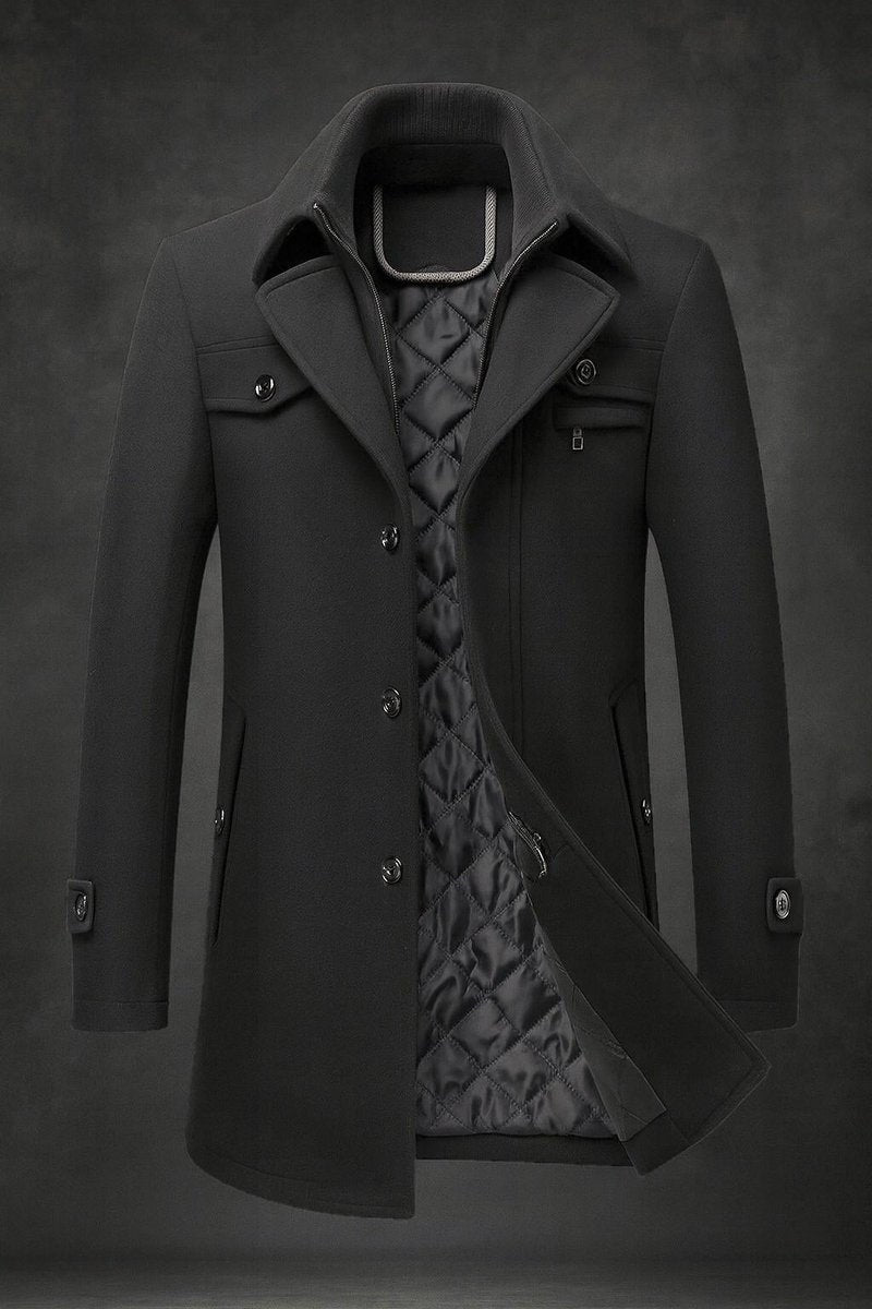 Men's Layered Collar Overcoat with Quilted Lining